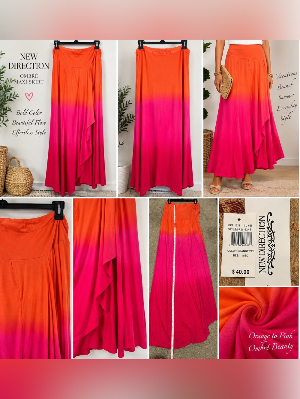 NWT New Direction Medium Orange Pink Ombre Maxi Skirt Asymmetrical Boho